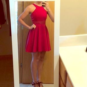 Red, A-line, T-strap dress